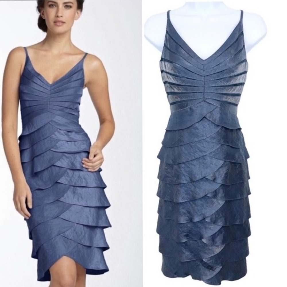 Adriana Pappell Occasions Blue Slate Ruffle Cocktail Dress